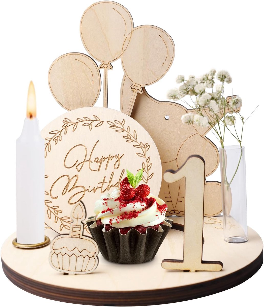 SnelShoppen - Gepersonaliseerde Houten Verjaardagsborden Set met Gravure, Cijfers 0-9, Olifant en Vaas, Kaarsenhouder, Gedroogde Bloemen, Feestdecorat