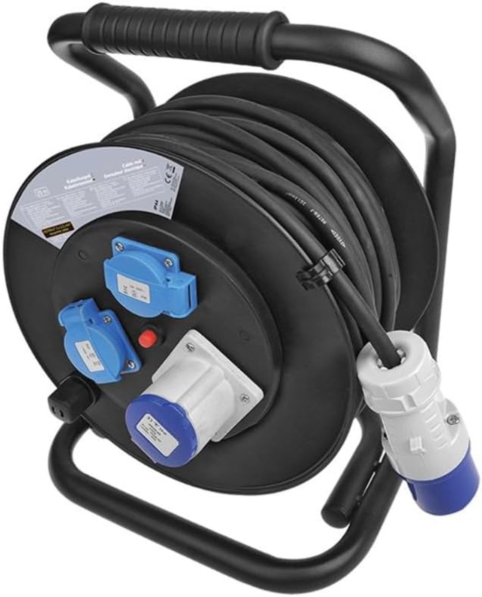 SnelShoppen - CEE Kabelhaspel 25 m, 3 x 2.5 mm², 1 x CEE + 2 x Schuko IP44, Overload Bescherming, Neopreen H07RN-F, Voor Camping en Motorhome, Weerbes