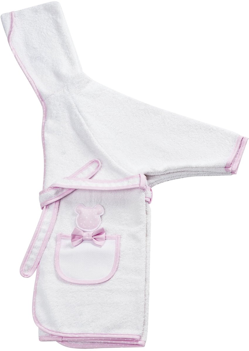 SnelShoppen - Filet Badjas voor Kinderen met Mouwen en Capuchon - Zachte Badstof - 100% Katoen - Wit en Roze - Geschikt voor Max. 2 Jaar - Sweet Littl