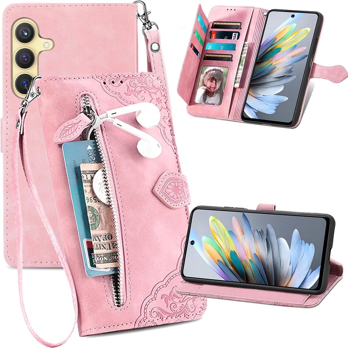 Wallet Case voor Samsung Galaxy A56 / A36 met 7 Kaartslots, Ritsvak en Verwijderbare Polsband - Bloemenprint PU Lederen Flip Cover met Kickstand en Magnetische Sluiting