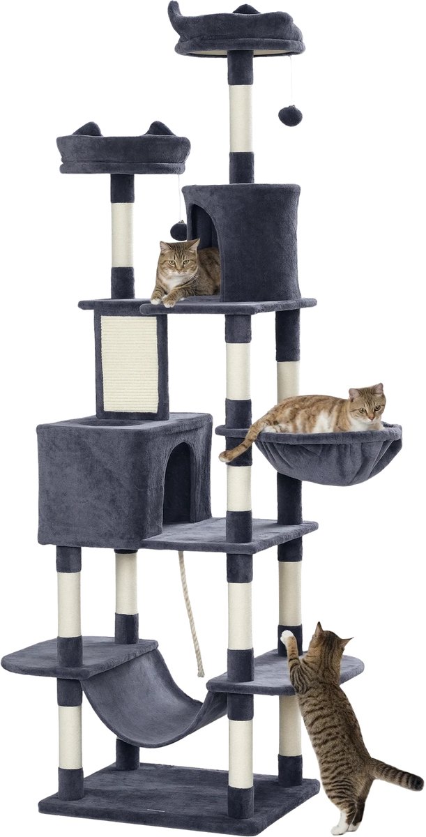 Krabpaal 206 cm – Katten Toren met Cave, 2 Speelballen & Sisal Palen – Donkergrijs