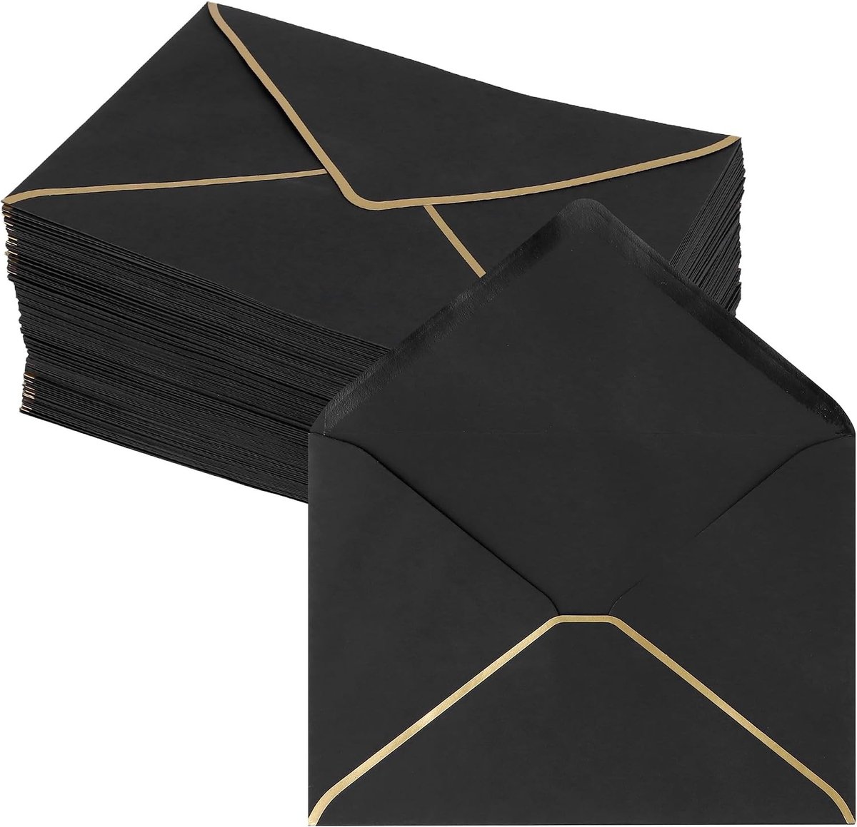 150 stuks zwarte uitnodigingveloppen A7 met gouden rand voor bruiloften en feesten, 18,4 x 13,3 cm, luxe uitnodigingsenveloppen voor speciale gelegenheden