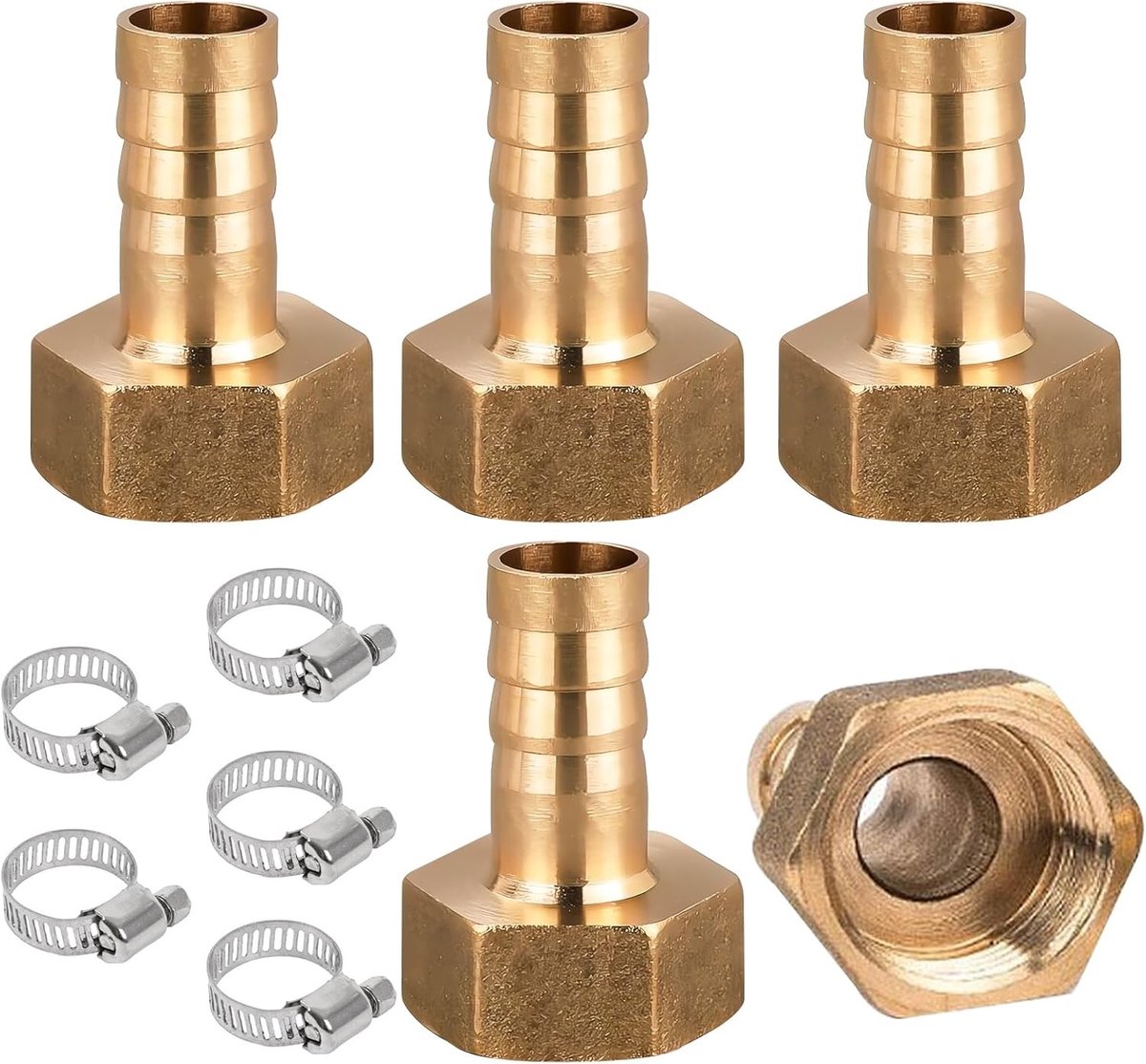 5-delige set 16mm messing slangkoppelingen, 1/2 inch IG slangklemmen, voor water, lucht en olie, met schroefverbinding en slangbevestiging