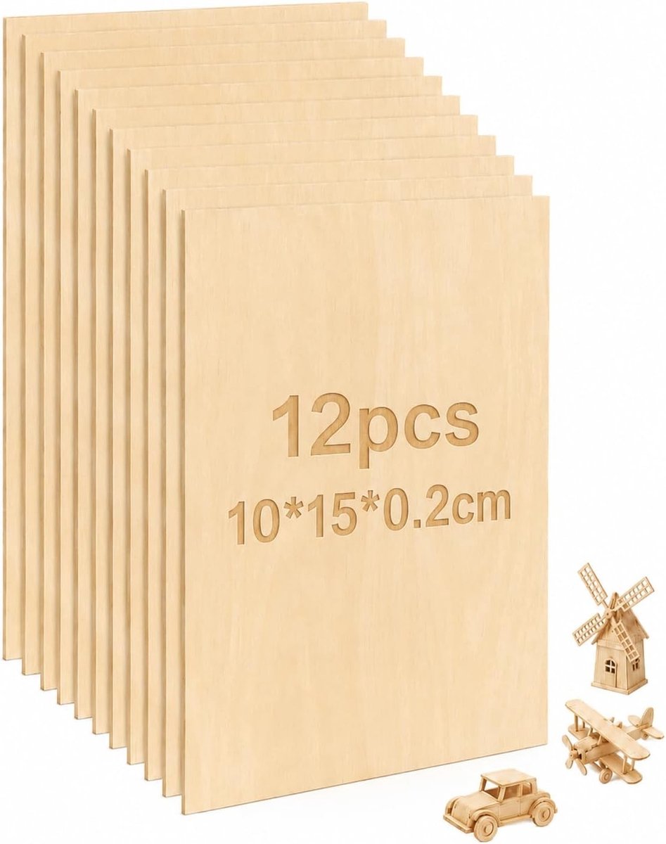 12 Voorgesneden Multiplexplaten 10 x 15 x 0,2 cm voor Brandschilderen en Creatieve Projecten, Perfect voor Knutselen en Doe-Het-Zelf Activiteiten