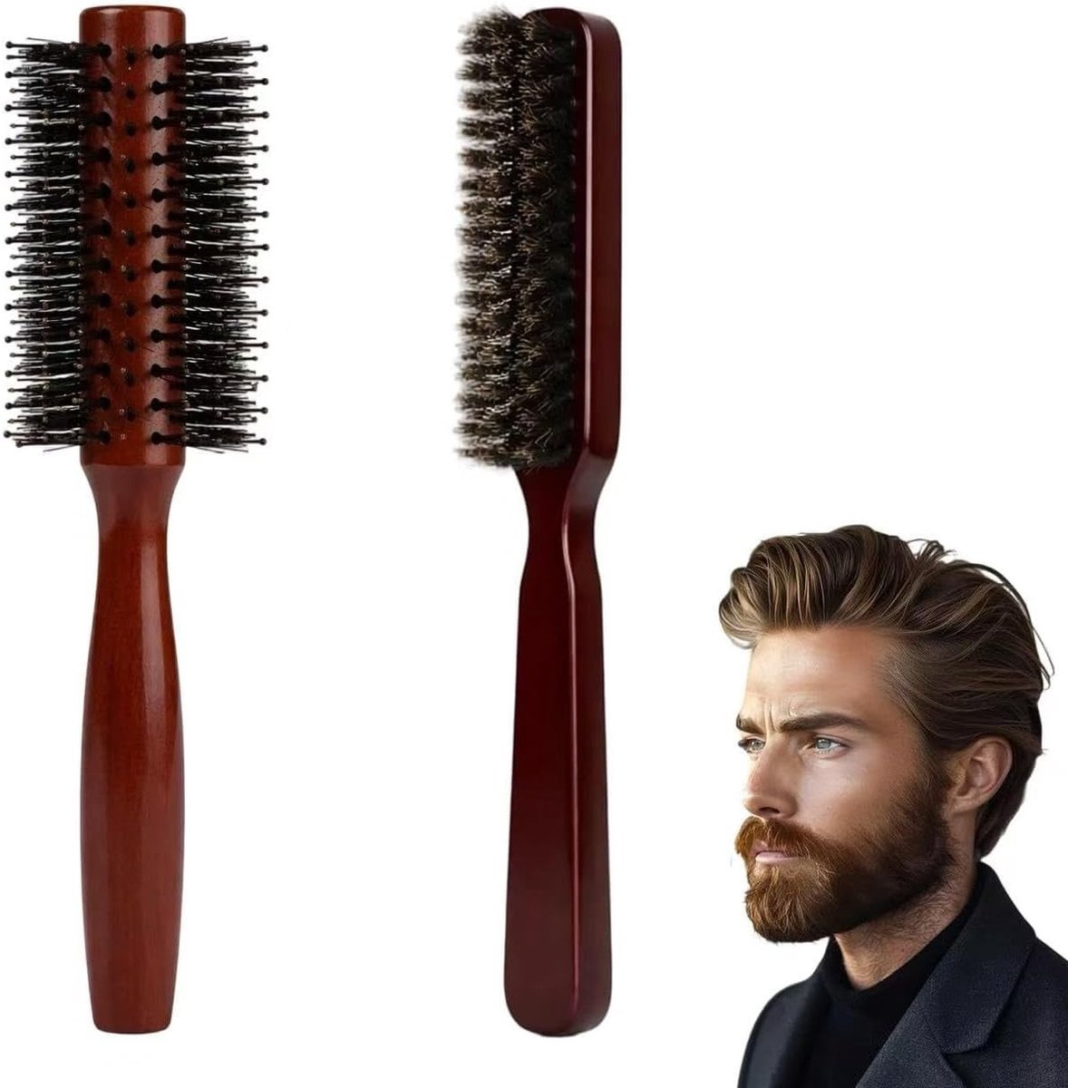 Set van 2 baardborstels voor mannen, ronde haarborstel voor baardverzorging en styling, ideaal voor nat en droog haar