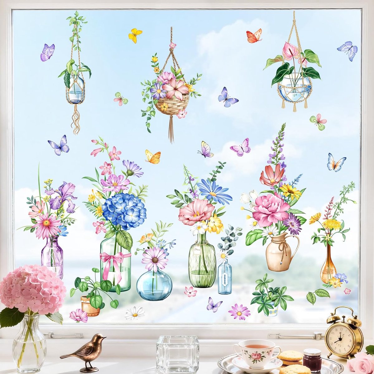 SnelShoppen - Bloem Raamstickers Voorjaars- en Zomer Decoratie - Dubbelzijdig Geprinte Anti-Collisie Static Clings - PVC Met Vlinders Voor Thuis, Glaz