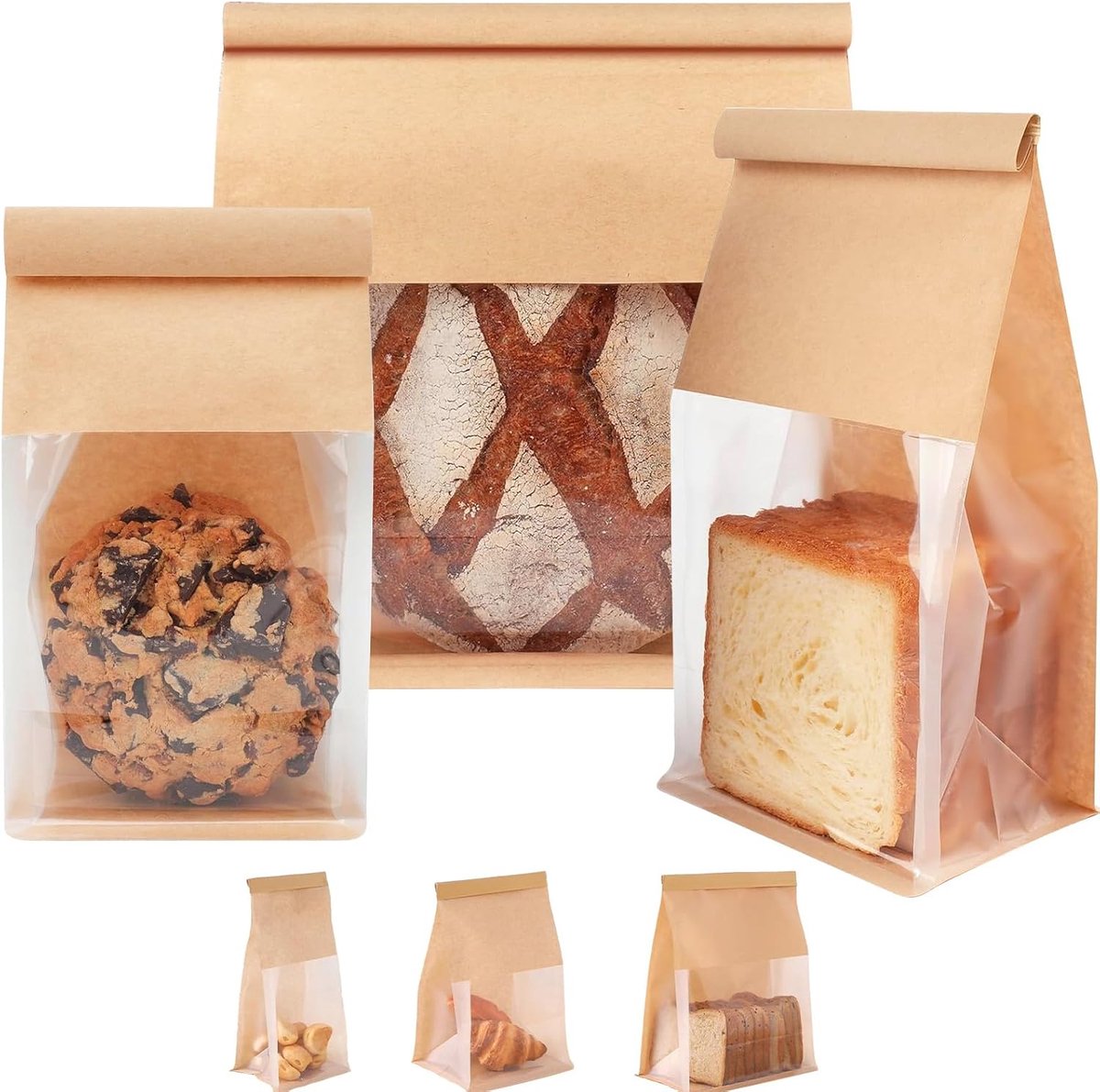 SnelShoppen - Kraft Papieren Broodzakken met Venster, Verzegelbare Kraftzakken (Bruin, 16x26cm) voor Versgebakken Brood, Gebak en Snacks, Ideaal voor