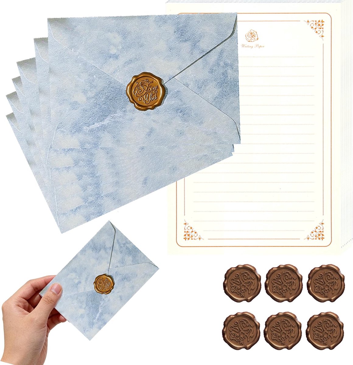 SnelShoppen - Vintage Briefpapier Set A5 - 20 Schrijfpapier met 6 Paarse Enveloppen, 6 Zelfklevende Waszegels - Perfect voor Liefdesbrieven, Trouwhuis