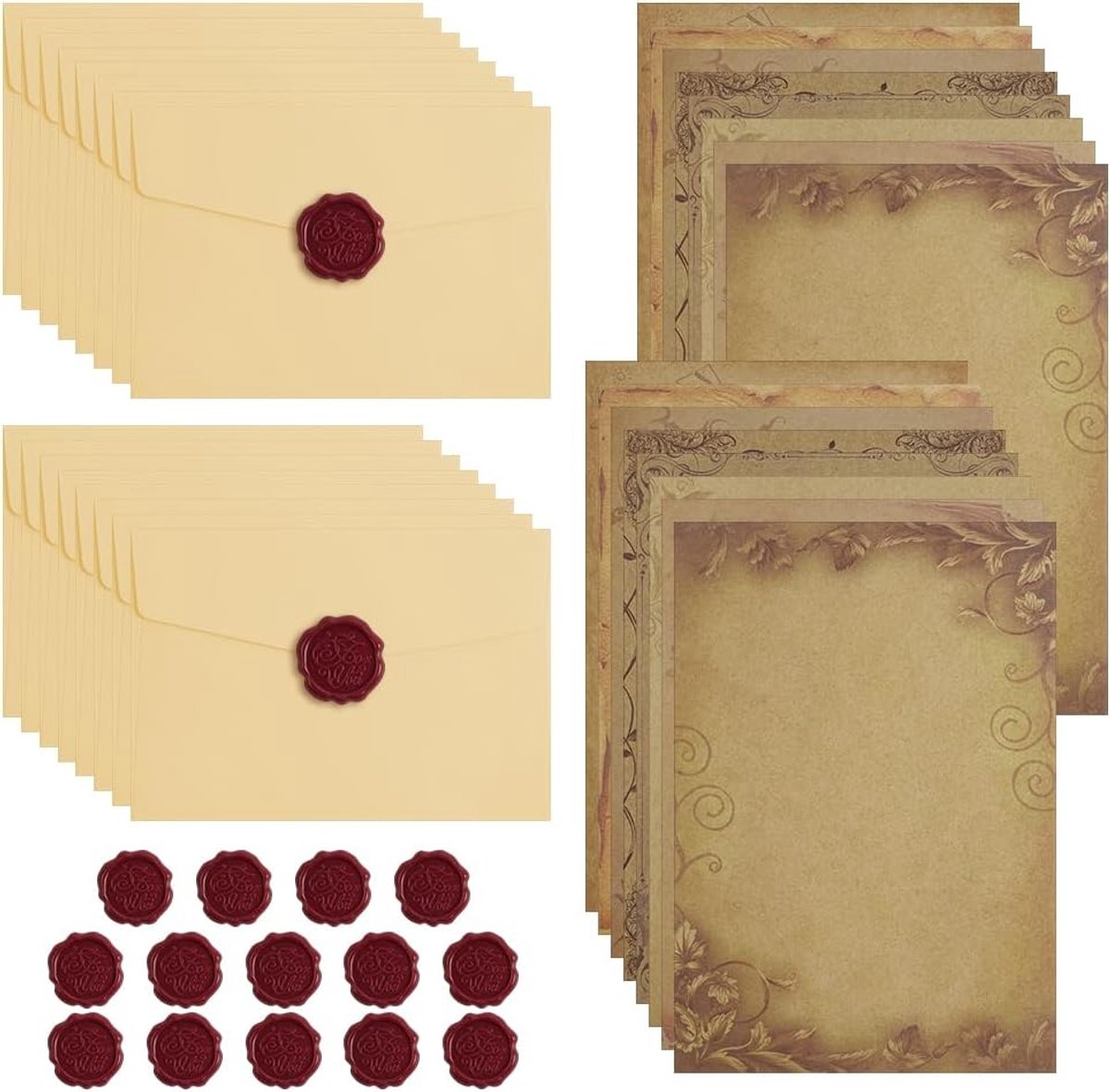 SnelShoppen - Vintage Schrijfpapier Enveloppen Set van 48 - 16 B6 Kraft Papieren, 16 Linnen Enveloppen en 16 Wassen Stempels voor Uitnodigingen en Lie