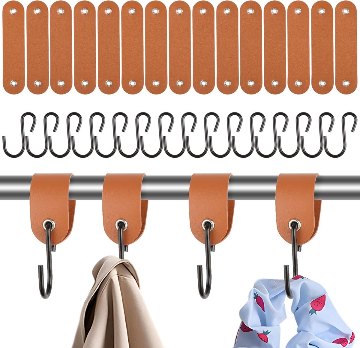 SnelShoppen - 15 Pcs S Haak met Leren Lus - Bruin Multifunctionele Hangbeugels voor Kledingstang, Kledingkast, Keuken, Kamperen en Thuisdecoratie