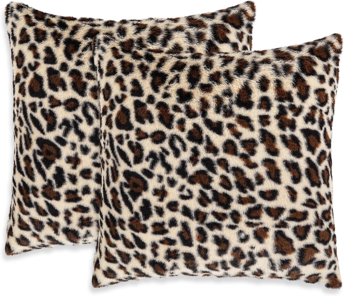 SnelShoppen - 2 Stuks Kunstfell Kussenhoezen Leopard, Flauschige Kussenslopen 45x45 cm, Decoratieve Bezorging voor Woonkamer en Slaapkamer, Gepardenpr