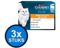 3x Gourmet - Perle Mini Filets Kalkoen, Eend, Tonijn & Lam in Saus - Kattenvoer Natvoer - 40x85g
