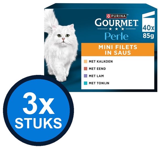 Verpakking met 3x Purina Gourmet Perle mini filets in saus, met kalkoen, eend, lam en tonijn. 40x85g.