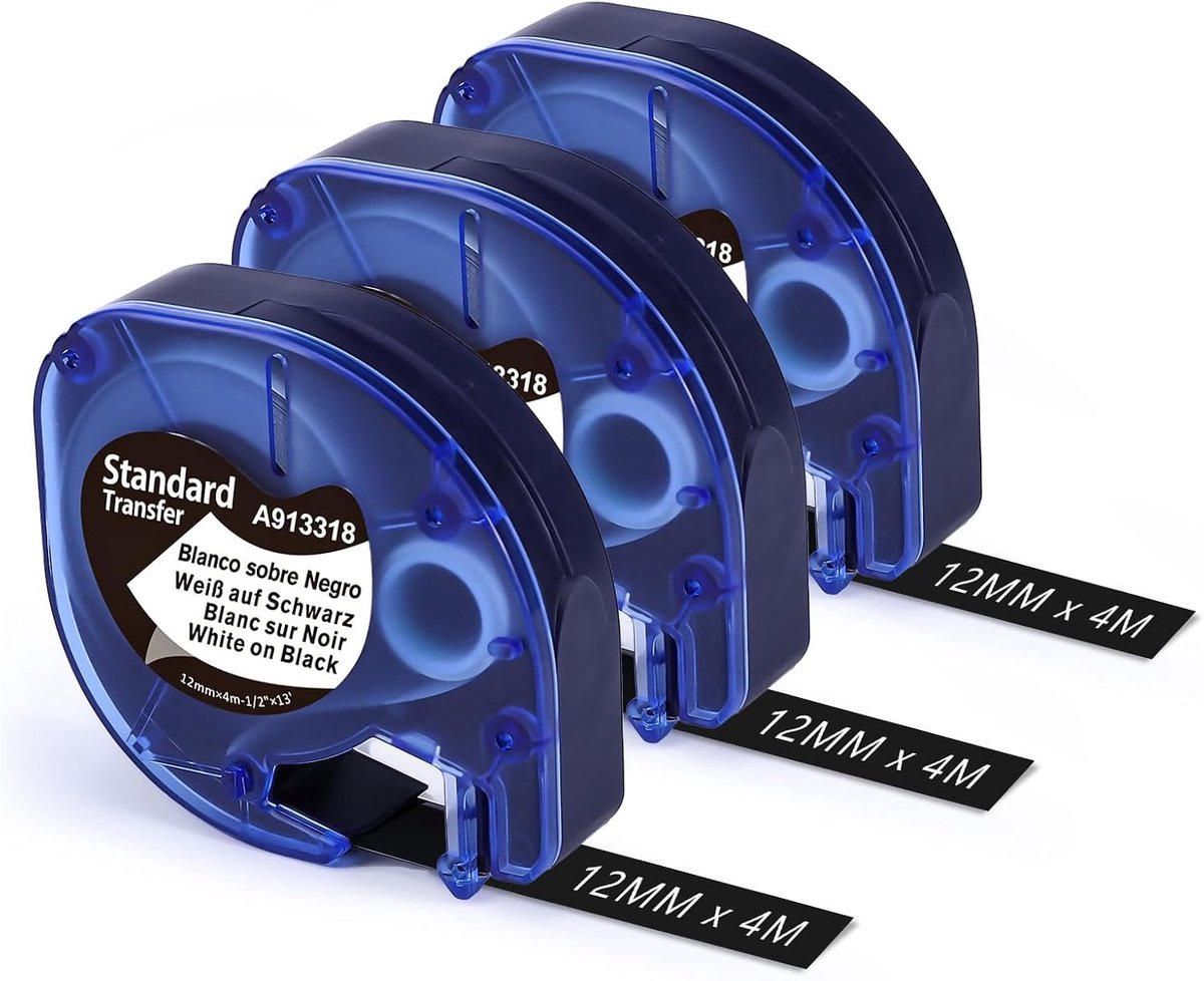 SnelShoppen - Label Tape 12mm x 4m Wit op Zwart - Compatibel met LetraTag 200B LT-110T LT-100H QX50 XR XM 2000 Plus - Ideaal voor Organisatie en Label