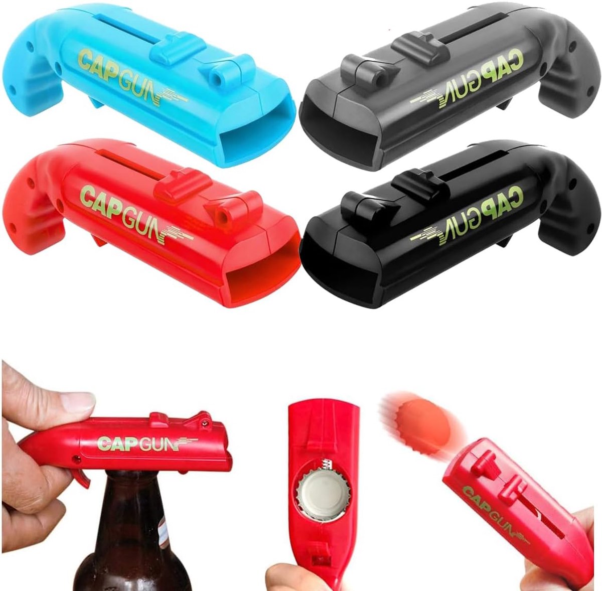 SnelShoppen - Beer Bottle Opener Cap Gun Launcher Shooter - Creatieve Flesopener voor Feest, Camping, Bar, Duurzaam ABS, 4 Stuks, Perfecte Cadeau voor