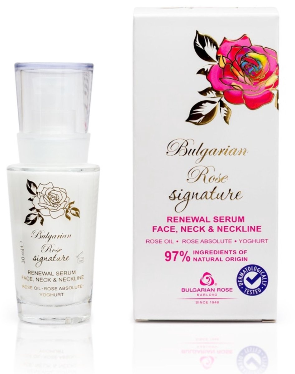 Renewal serum for face, neck & neckline Signature | 30 ml | Een luxueus serum dat je huid hydrateert en verstevigt met arganolie, probiotica en 100% natuurlijke Bulgaarse rozenolie en rozenwater
