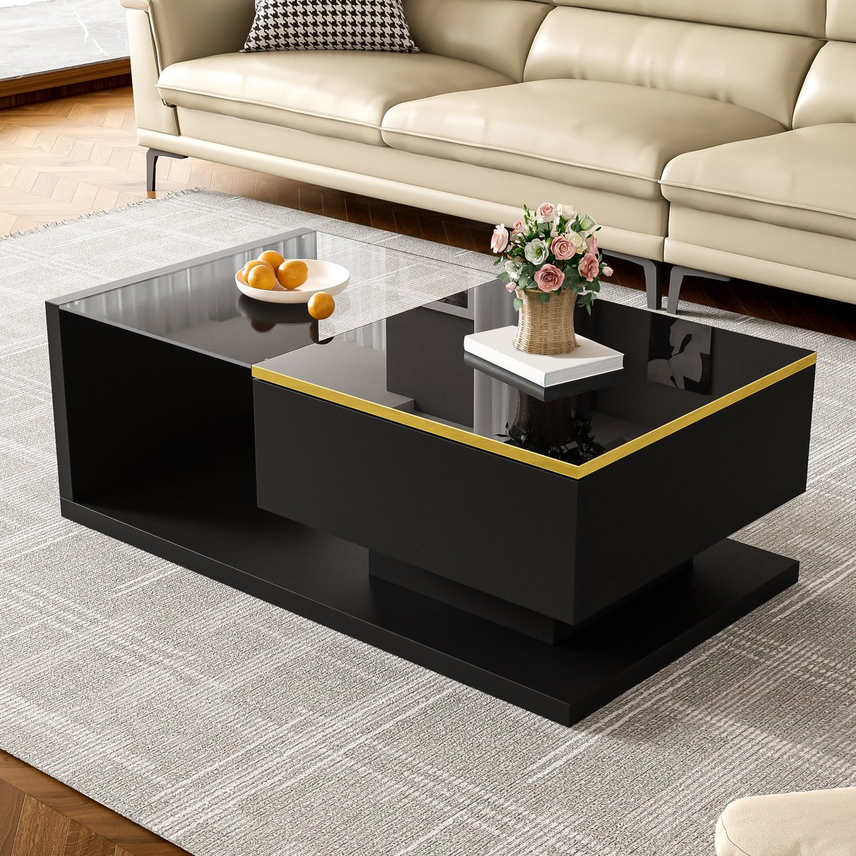COVREO Salontafel 90x50x32,5 cm - zwart hoogglans met glasplaat, LED-verlichting en opbergruimte