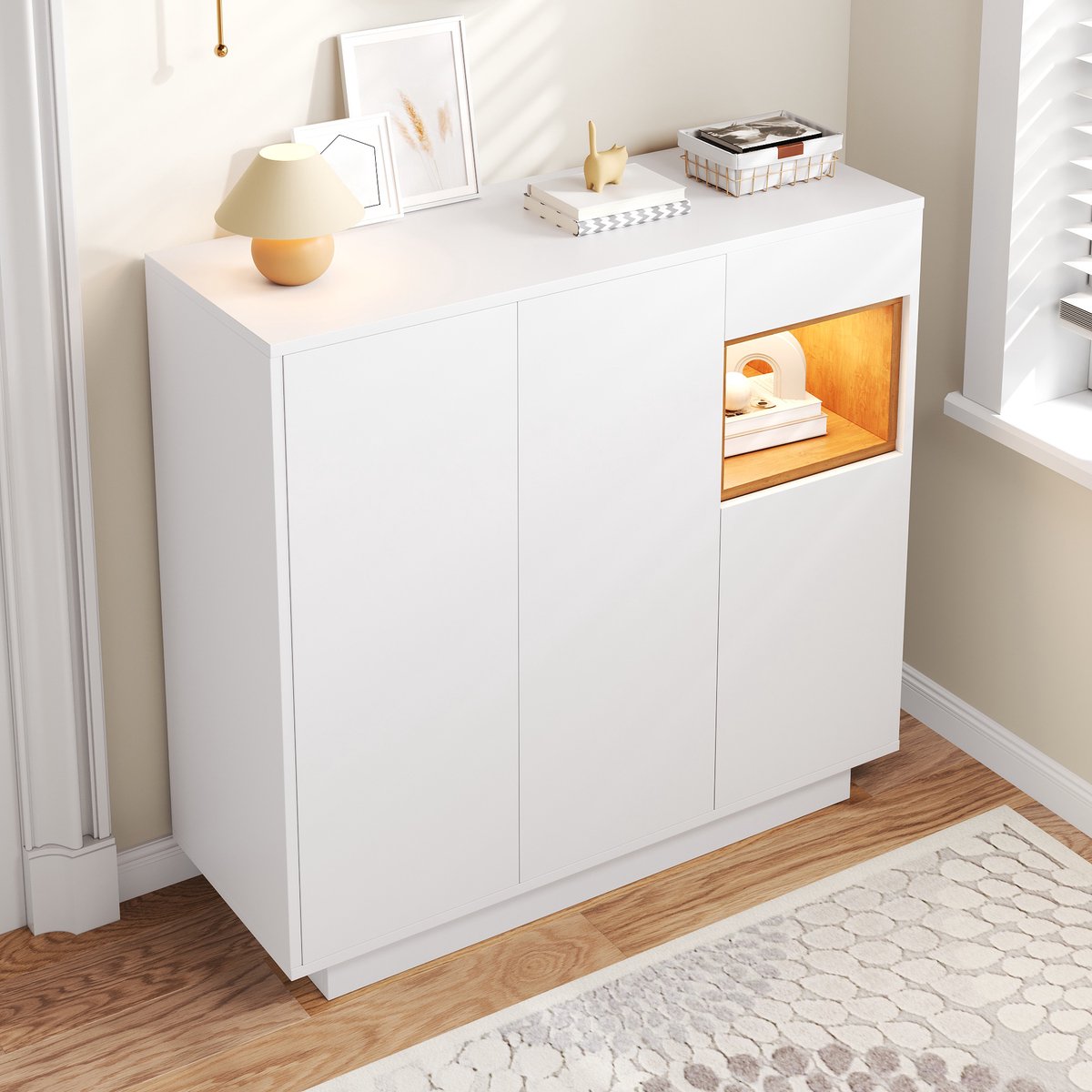 COVREO Schoenenkast 105x39,5x100,5 cm - wit/naturel, verstelbare planken, lade en LED-verlichting