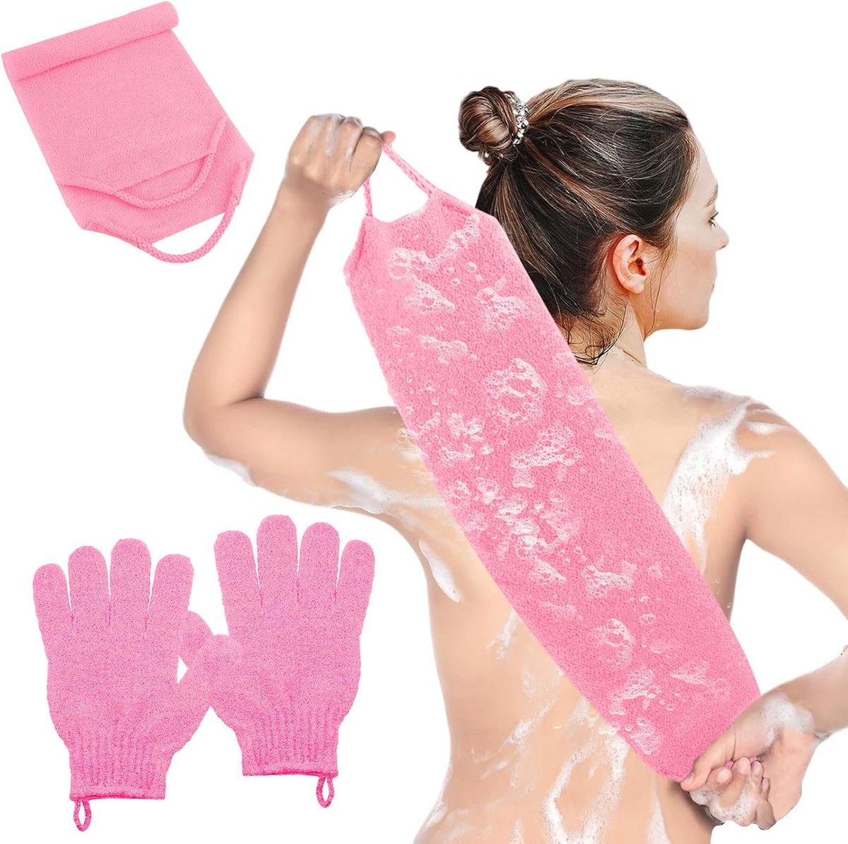 SnelShoppen - Exfoliërende Douchehandschoenen en Rug Scrubber Set - Peeling Handschoenen en Towel - Voor Diepe Reiniging en Scrub - Roze - Perfect voo