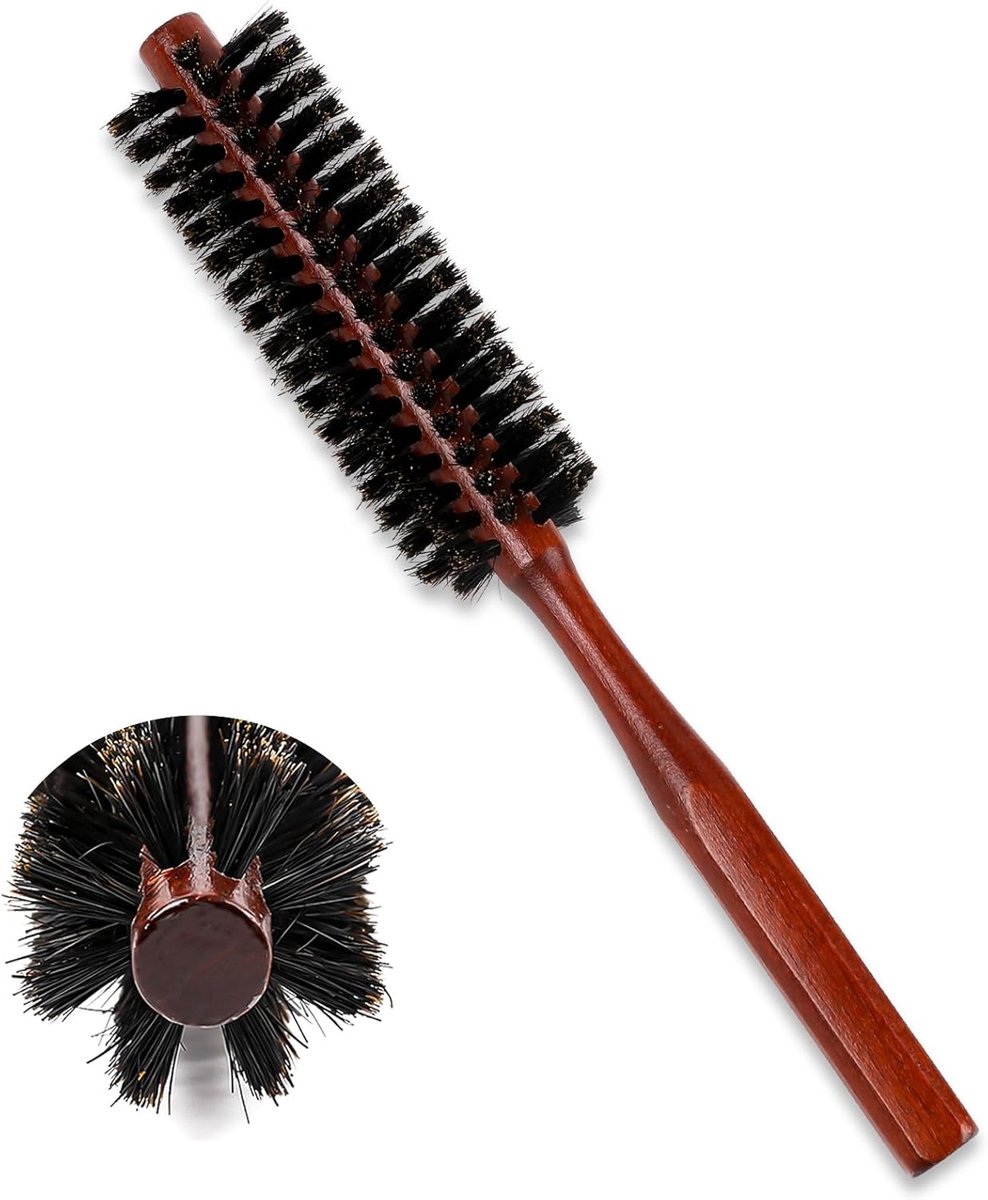 SnelShoppen - Mini Natural Boar Hair Round Brush - Ergonomische Houten Handvat - Perfect voor Droog Föhnen, Stylen en Krullen van Haar - Draagbaar en