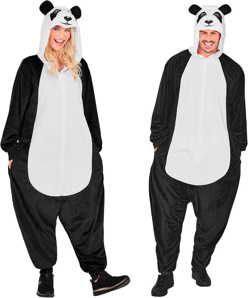 SnelShoppen - Party Fashion Panda Jumpsuit Volwassenen Zwart-Wit Pluche Overall met Capuchon voor Carnaval, Themafeesten en Thuisgebruik L/XL