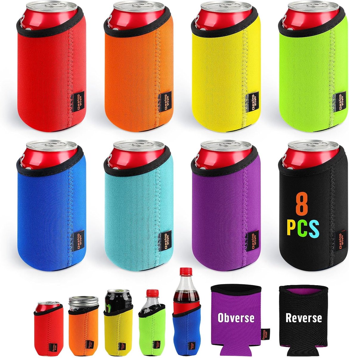SnelShoppen - 8x Neopreen Can Cooler Koelers voor Bier, Frisdrank en Flessen - Isolerende Cuffs voor Feest, Camping en Tuin - Perfecte Pasvorm voor St
