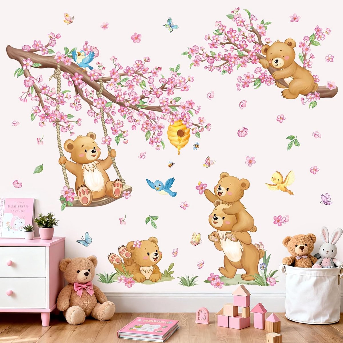SnelShoppen - Wandstickers Dieren Bloemen Tak Cherry Blossom Swing Beer Muurdecoratie voor Kinderkamer Babykamer Meisjes Kamer Peel and Stick PVC