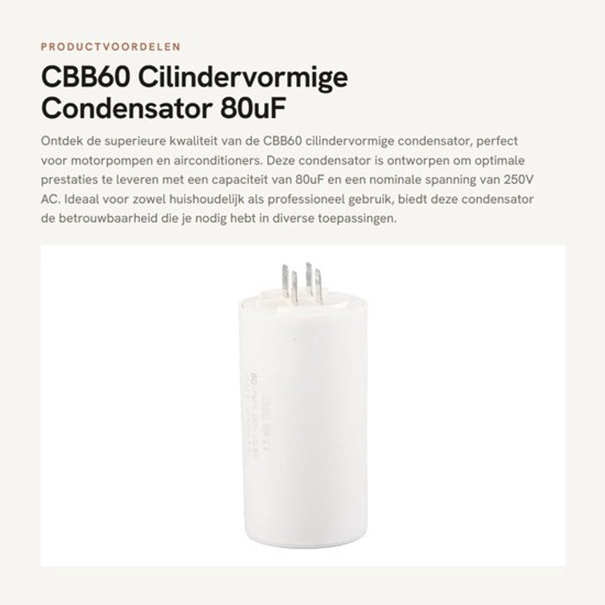 Cilindervormige Condensator 80uF - AC 250V - CBB60 - Voor Motorpompen/Airconditioners - Kunststof - Duurzaam - Motorcondensator