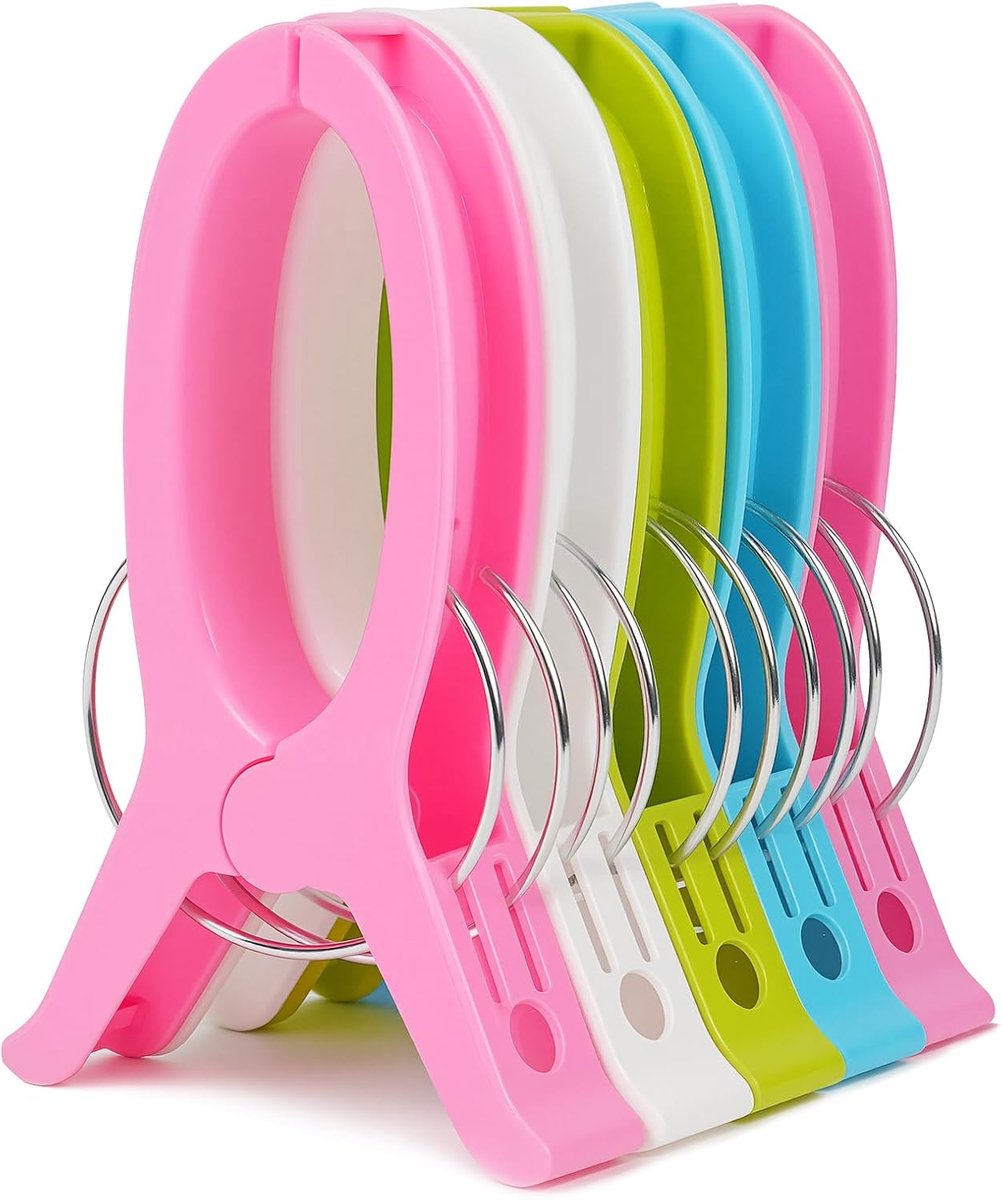 SnelShoppen - 5 Stuks Kleurrijke Strandhanddoek Klemmen - Extra Grote Plastic Kledingclips - Winddichte Wasknijpers voor Strand, Zwembad, Dagelijks Ge