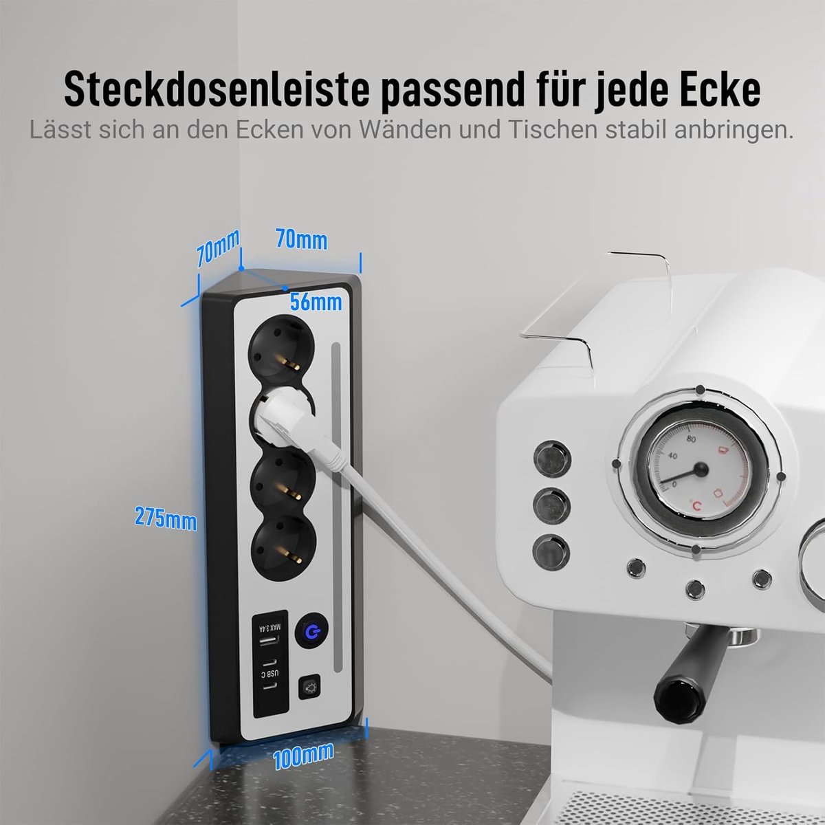 SnelShoppen - Power Outlet 4-Fach Meerdere Stopcontacten met USB en 2 Type-C Poorten Hoekstopcontact met Schakelaar voor Keuken, Zwart