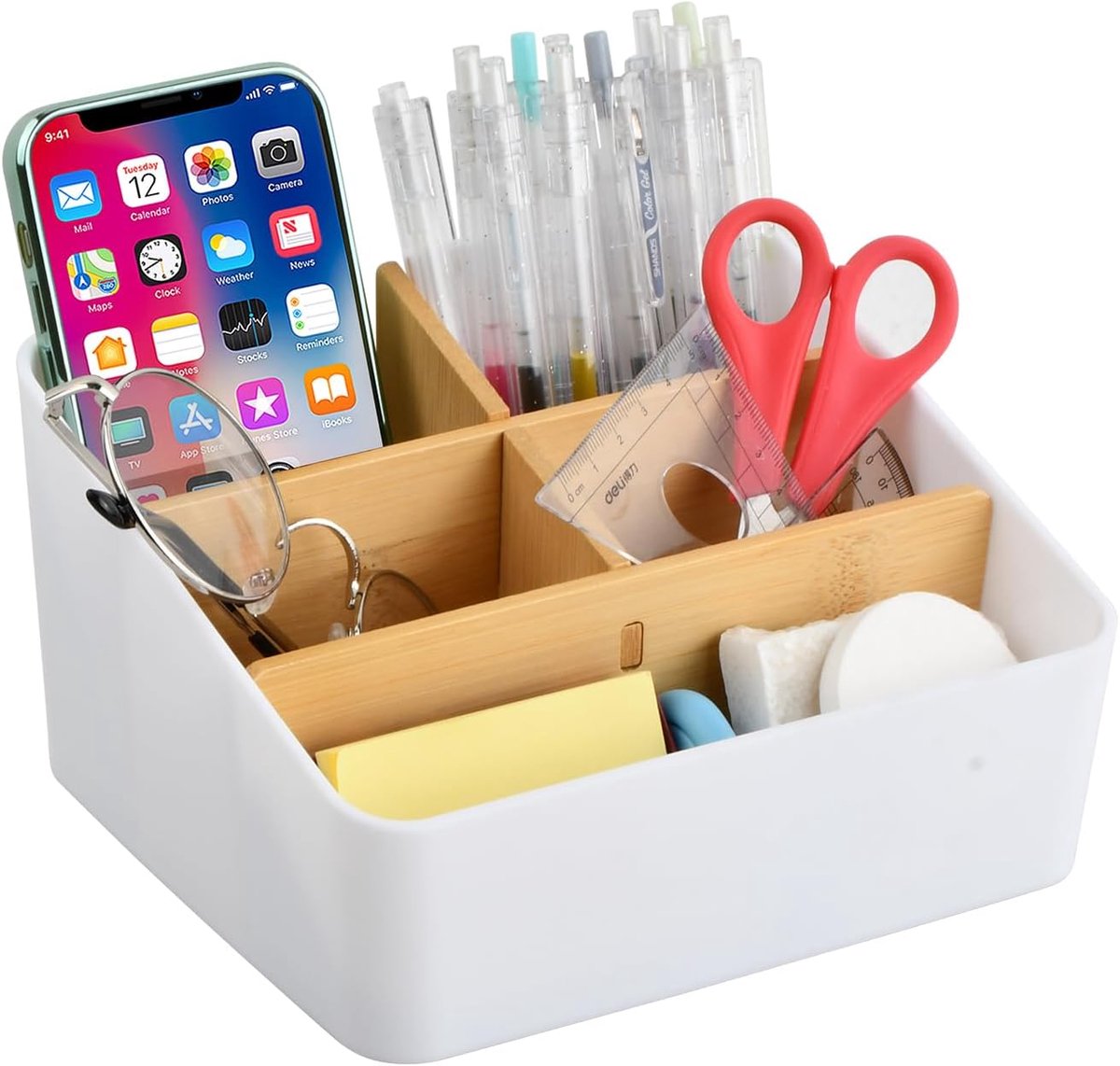 SnelShoppen - Bamboo Desk Organiser met 5 Verplaatsbare Compartimenten, Penhouder voor Bureau, Houten Makeup Organizer voor Kantoor, Cosmetica, Remote