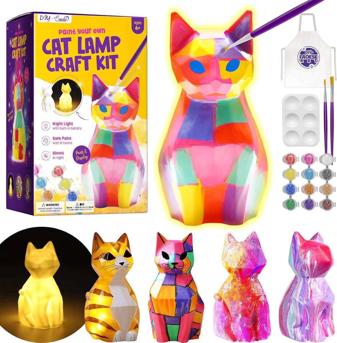 SnelShoppen - Kit de Peinture Cat Lamp 3D Nachtlampje voor Kinderen 6-12 Jaar - Creatieve DIY Set met 12 Verf, 2 Kwasten, Palette, Schort en Handleidi