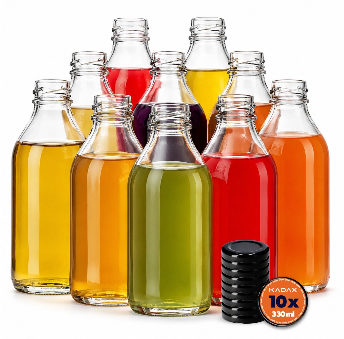 KADAX Set van 10 glazen flessen van 330 ml met schroefdop, zwart – Lege flessen om te vullen met sap, likeur, olie, azijn en siroop, hervulbare glazen flessen