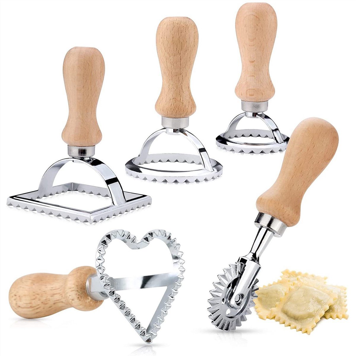 5-delige Raviolivormen met Houten Handvat - Ravioli Uitstekers - Deegsnijder en Pastasnijder - Vierkante - Ronde en Hartvormige Ravioli Vormset - Ideaal voor Zelf Pasta Maken - Halloween - Kerstmis en Feestjes