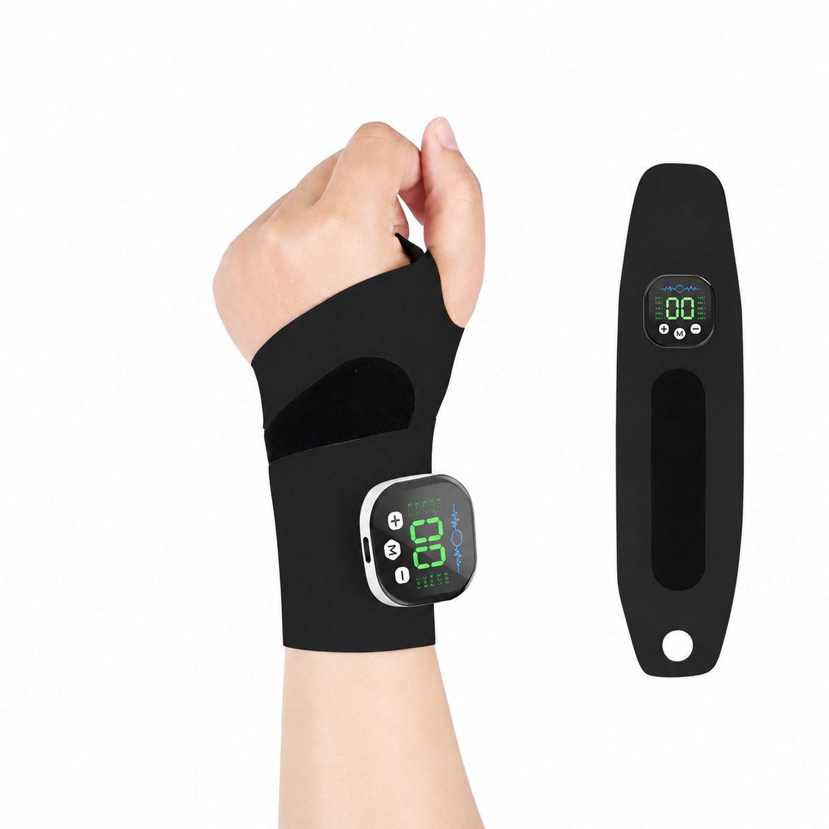 Gloovon® EMS Polsbrace - Met Massage Module - Voor Pijnverlichting & Ondersteuning - Draadloos & Verstelbaar - Geschikt voor Rechter - en Linkerhand - Zwart