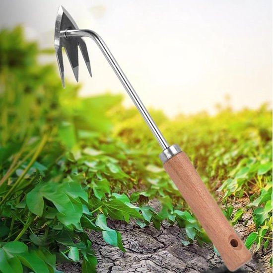 Onkruidsteker Tuin - Handgrasmaaier - Gazon Onderhoud - Drietanden Ontwerp - 34 cm - Houten Handvat — afbeelding 5