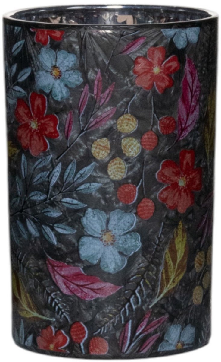 Theelichthouder Sandy bloemen zwart groot 18cm