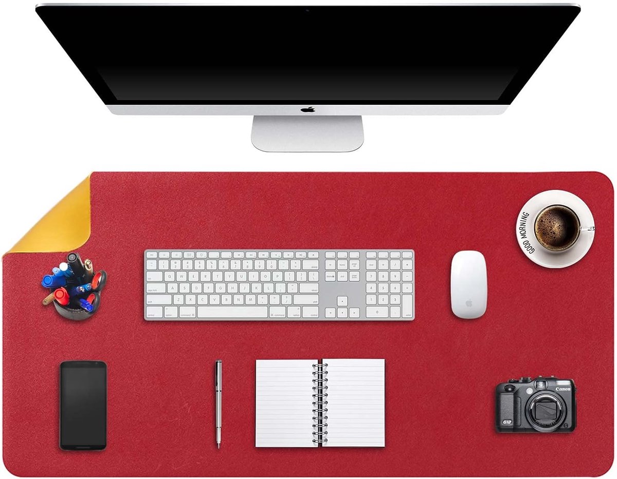 SnelShoppen - Large Mouse Pad Desk Pad XXL Mouse Mat 90 x 43 cm Rood/Geel - Dubbelzijdig PU Leer, Waterdicht, Geschikt voor Laptop, Bureau en Schrijve