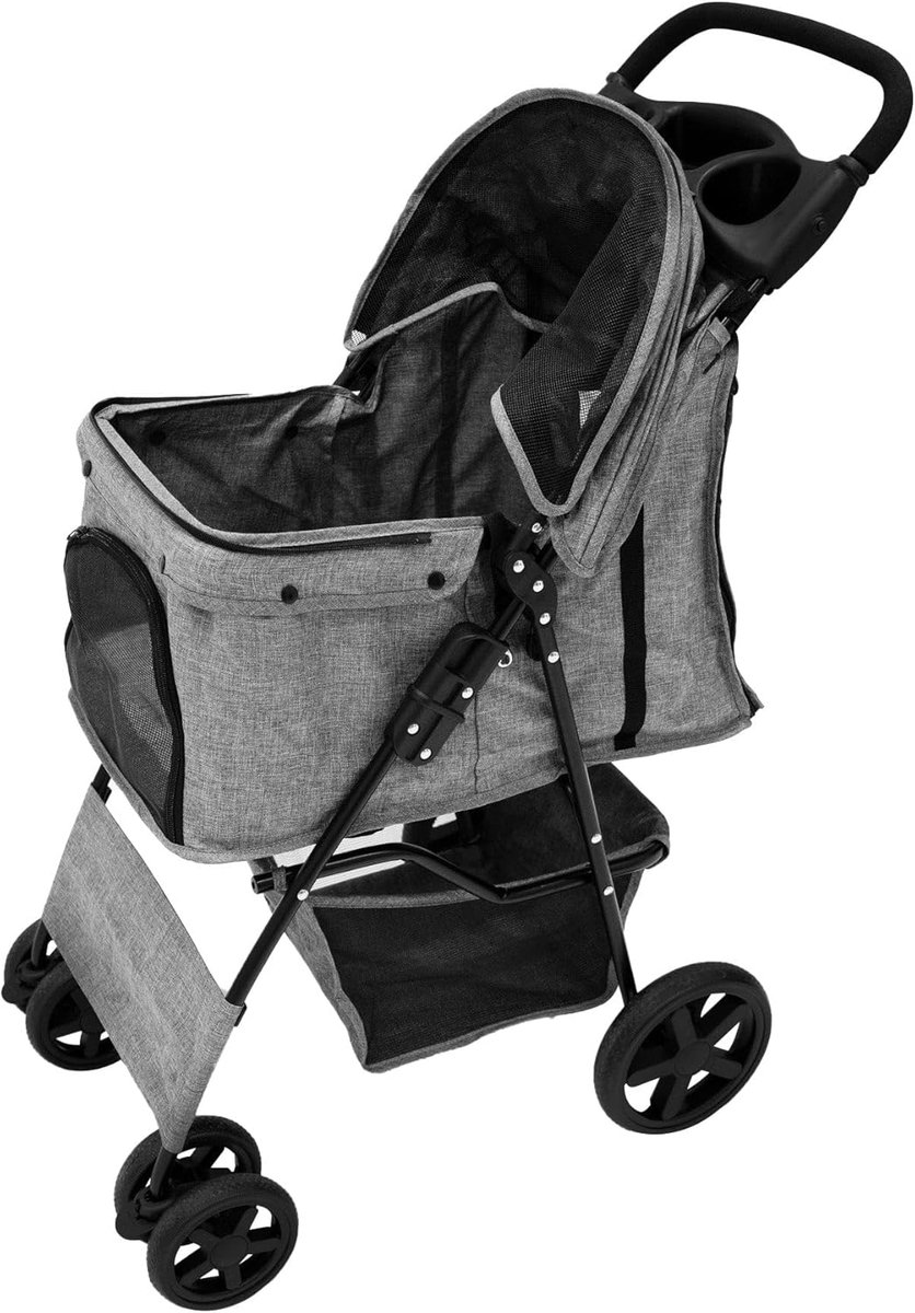 SnelShoppen - Pet Stroller Woven Grey Carrier Vouwbare Trolley Reisbuggy voor Honden en Katten tot 15kg met 4 Wielen Remmen en Veiligheidslus