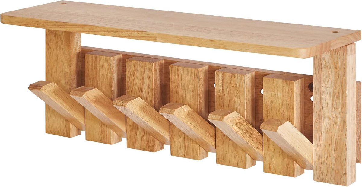SnelShoppen - Wandhaken met Plank, Wandgemonteerde Pianokapstok met Uittrekbare Haken, Houten Kapstok voor Hal, Slaapkamer voor Kleding, Jassen, Sleut