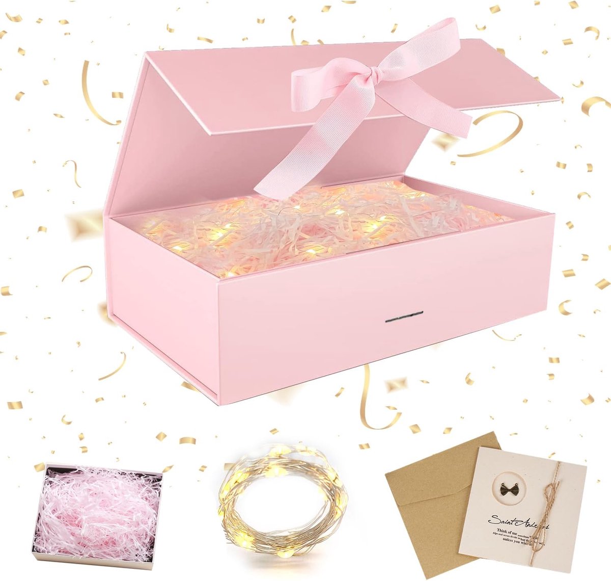 SnelShoppen - Luxe magnetische opvouwbare geschenkdoos met strik en kaart, 23x17x7 cm, ideaal voor bruiloften, feesten, cadeauverpakking, warm wit, me