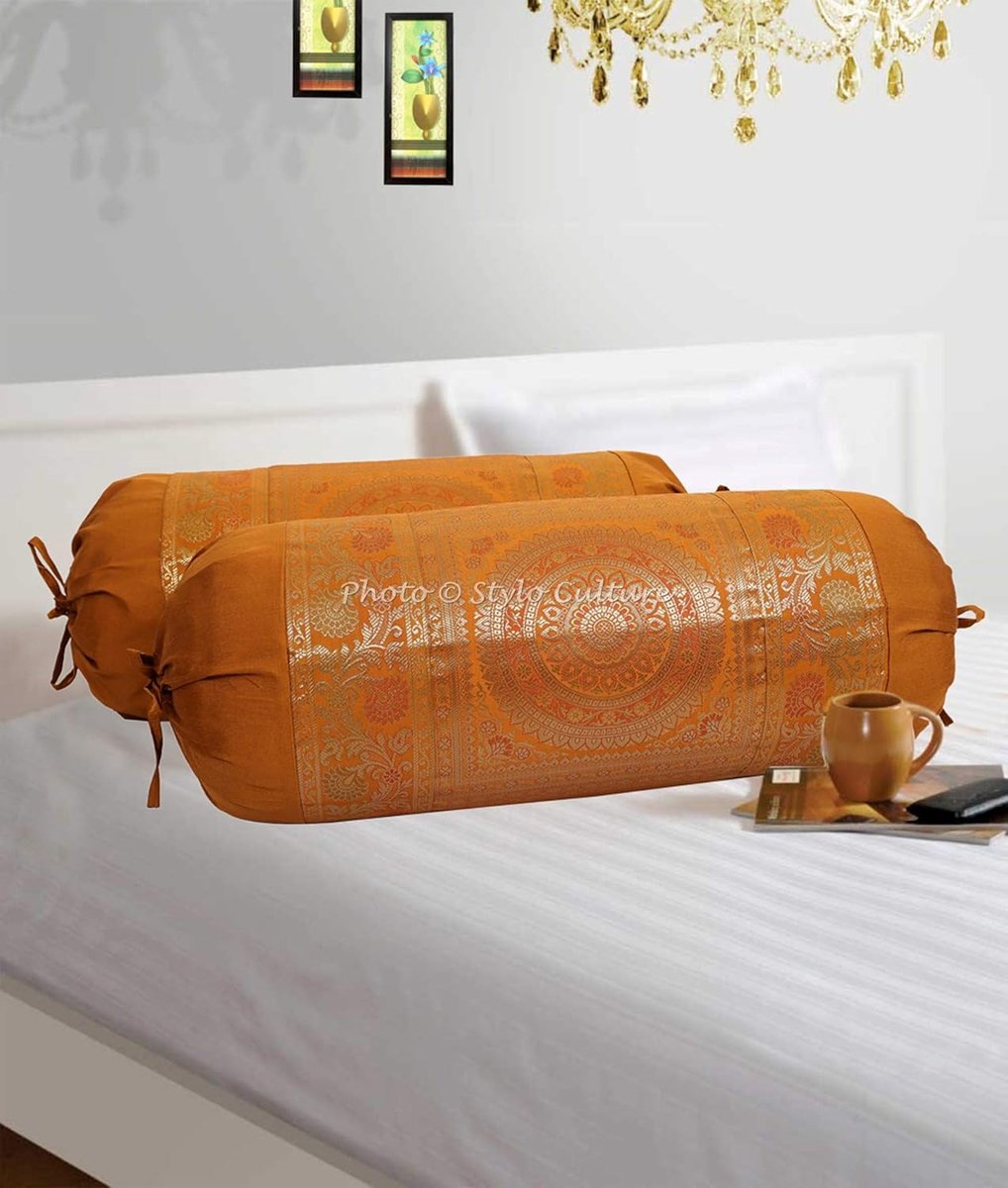 SnelShoppen - Set van 2 Mandala Cylindrical Hot Dog Kussens - Bruin Jacquard Polydupion Kussenhoezen 30x15 inch voor Sofa en Decoratie