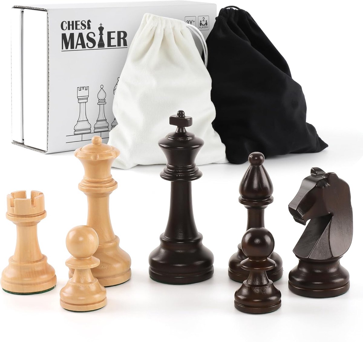 SnelShoppen - Schaakstukken Houten Set – 32 Handgemaakte Toernooistukken van Natuurlijk Hout met 9.5 cm Koning – Luxe Staunton Ontwerp, Inclusief Opbe
