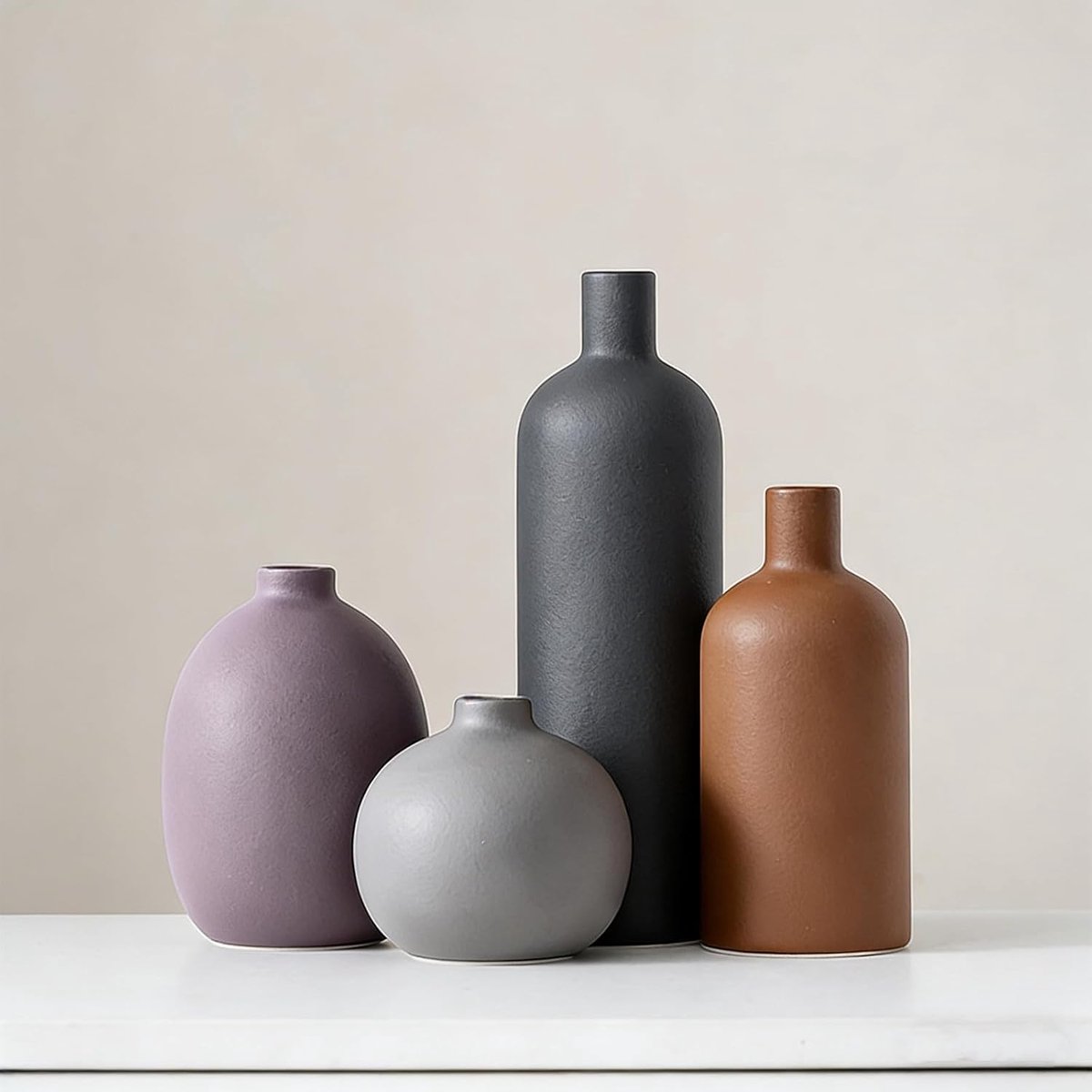 SnelShoppen - Set van 4 Keramische Vazen - Boho Decoratieve Vazen voor Bloemen, Pampasgras, Drogen en Vers, Voor Woonkamer, Keuken, Slaapkamer, Badkam
