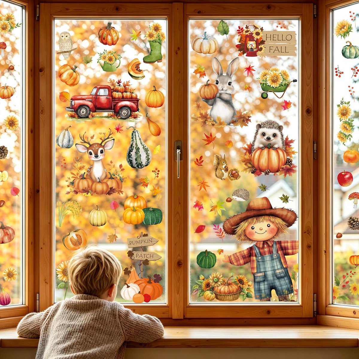 SnelShoppen - Herfst Raamstickers 99 Stuks - Esdoornbladeren, Pompoen, Dieren, Vogelverschrikker - Herbruikbaar PVC voor Halloween, Thanksgiving, Kind