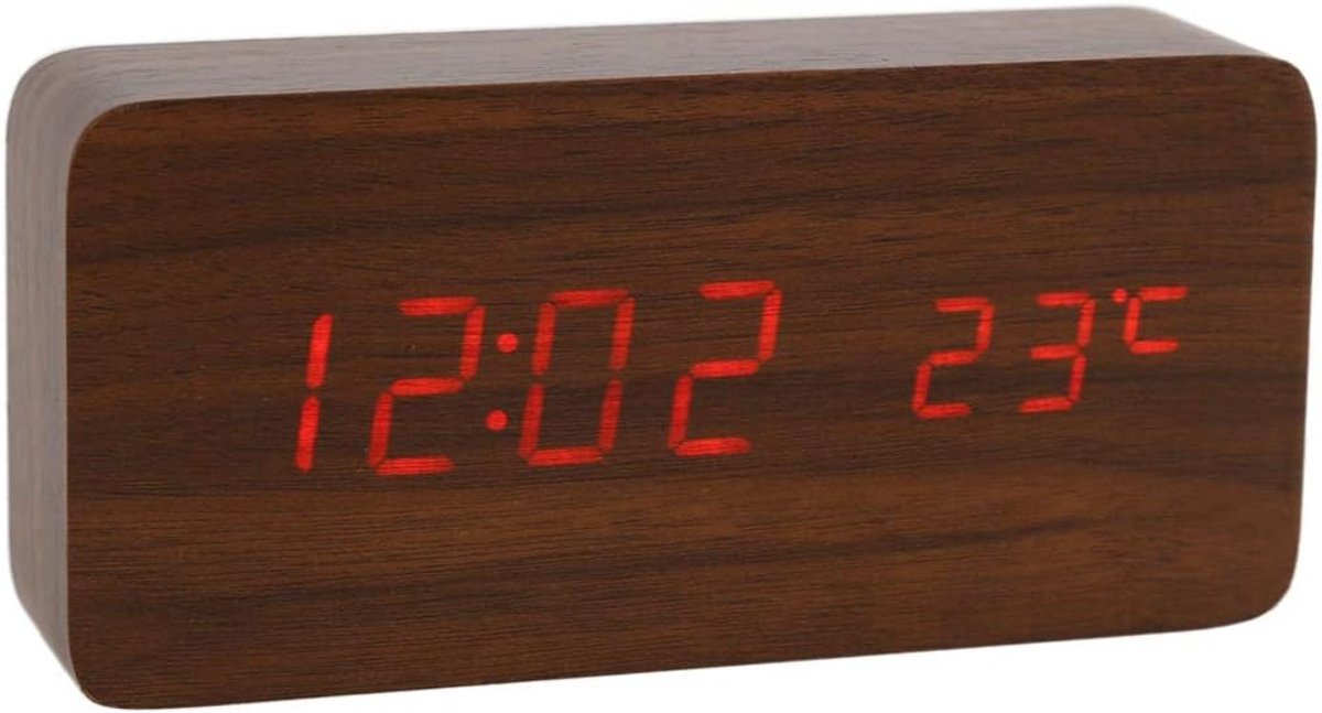 SnelShoppen - Houten Digitale Klok - Multifunctionele LED Wecker met Tijd/Datum/Temperatuur Weergave en Stemcontrole - AC11 Bruin/Rood - Perfect voor