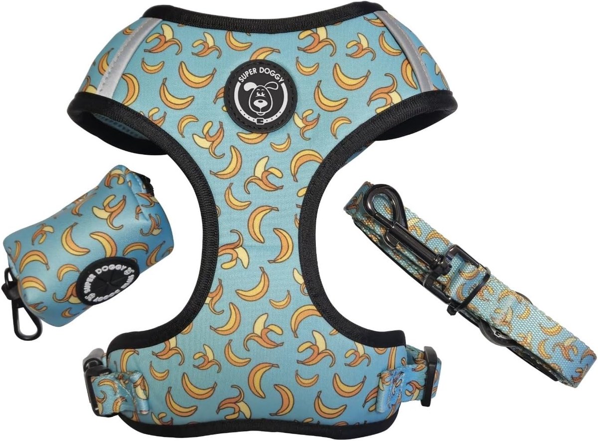 SnelShoppen - Anti-pull Hondentuig met Leash en Tas, Ademend en Verstelbaar voor Kleine en Middelgrote Honden, Blauw Banaan, Maat S (3.5-7 kg)
