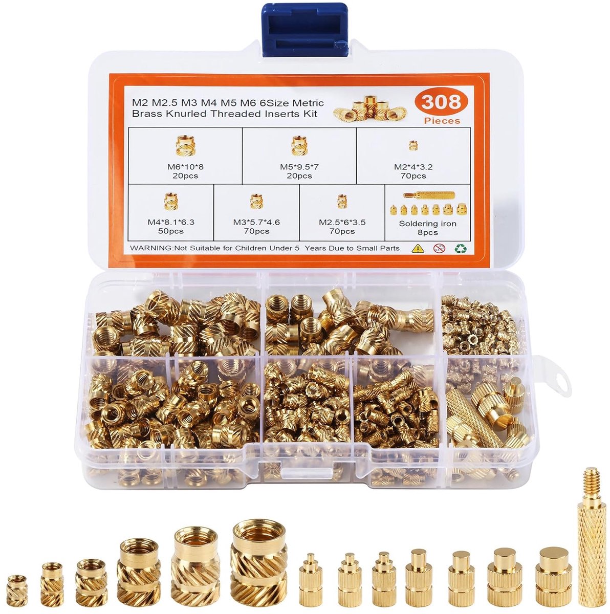 SnelShoppen - 308 Stuks 3D Print Draad Inserts, Messing Push Nuts M2 M2.5 M3 M4 M5 M6, Smelt Draad Set met Smelt Hulp en Sorteringsdoos