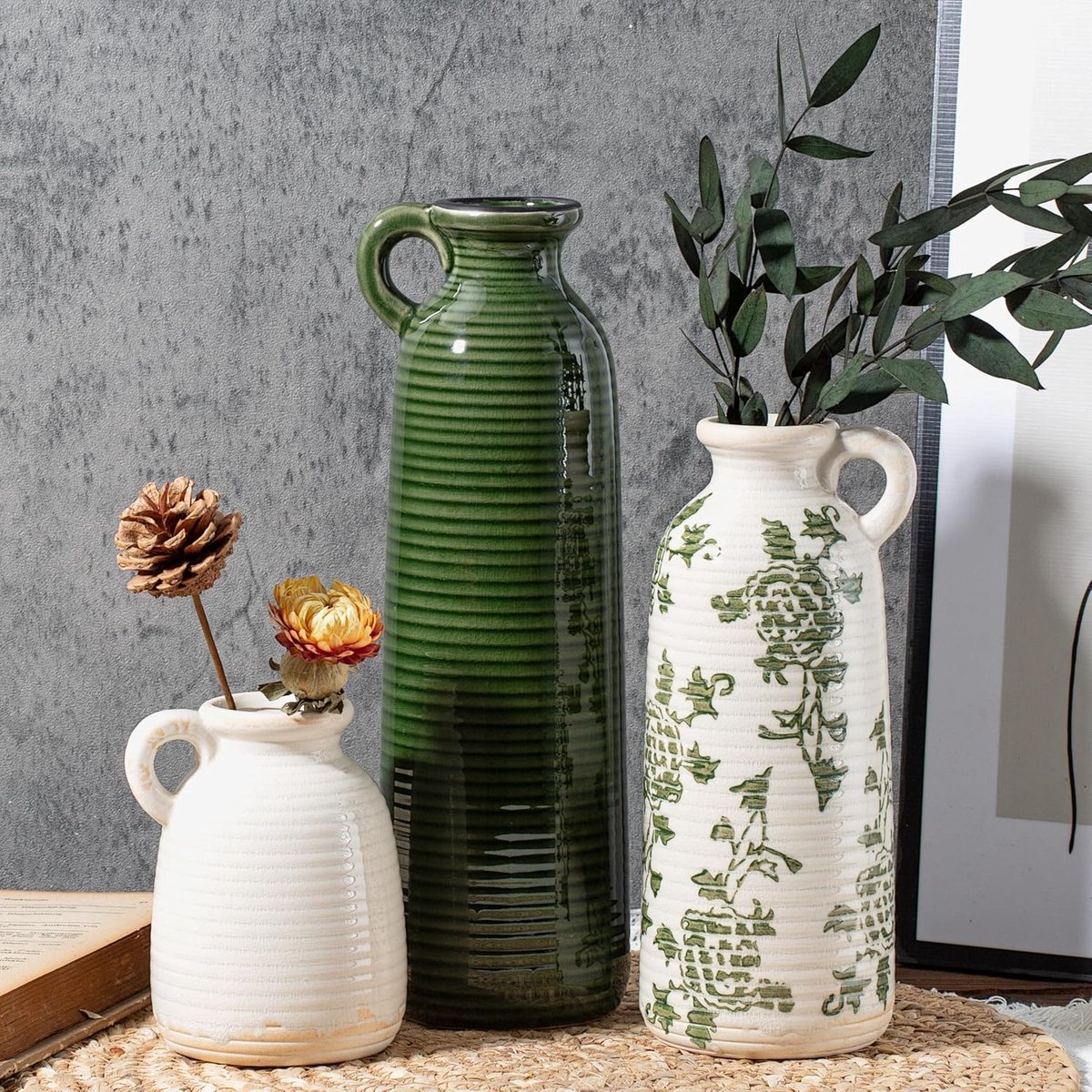 SnelShoppen - Set van 3 Keramische Vazen met Handvatten, Groen Wit Neutraal Rustiek Modern Boho Decor, Ideaal als Tafelstuk of Accent voor Kapstok - U