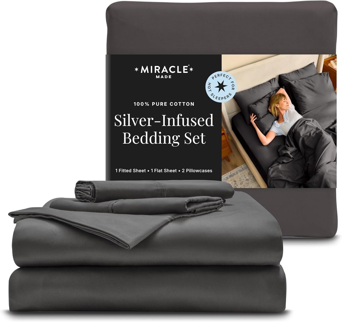 SnelShoppen - Luxe Koelende Bedlakens - Charcoal - 4-Delige Set - Zilver Geïnfuseerd - 300 Draadcount - Ademend Beddengoed Voor Gevoelige Huid